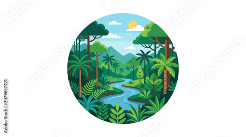 Tropical Rainforest River Vector Illustration