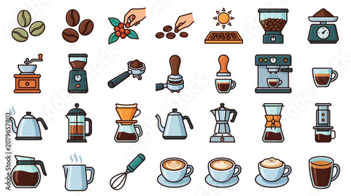 Coffee Making Process and Equipment Icon Set