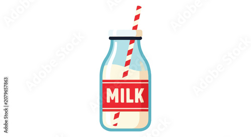 Glass milk bottle with red and white straw
