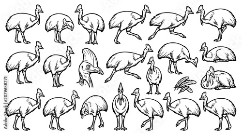 Konstfotografi Cassowary line art collection showcasing distinct poses and anatomy of large fli