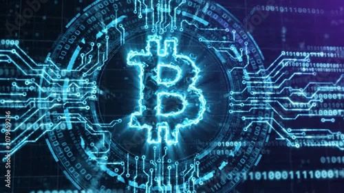 Glowing bitcoin symbol with digital circuitry and binary data stream animation for cryptocurrency, blockchain technology, and fintech concepts