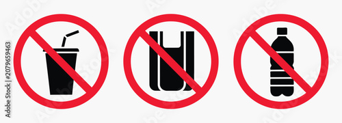 Fotografía No Plastic Sign, prohibition symbols for plastic bag, glass bottle and drink cup