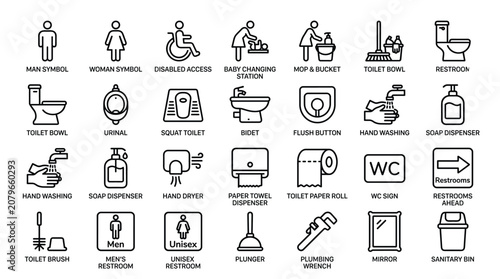 A comprehensive set of modern line vector icons representing various restroom and bathroom related elements with accessibility options.