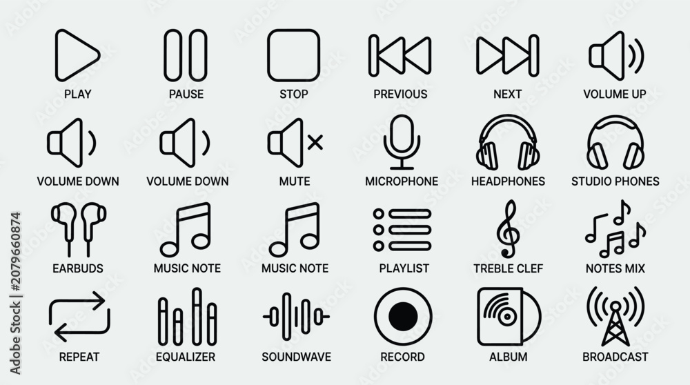 Fototapeta premium Audio player interface linear icons set, multimedia control buttons and music related symbols, headphones and sound adjustments outline pictogram collection.