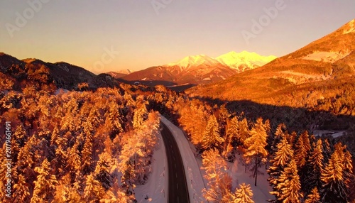 beautiful winter road with dark night road through forest and mountains, wintery scene at sunset