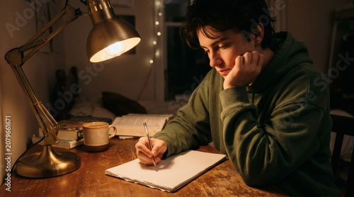 Focused student writing in a notebook under warm desk lamp light at night