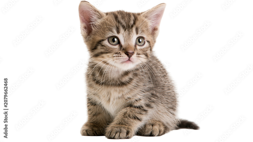 Fototapeta premium Tabby kitten sitting attentively, isolated on transparent background
