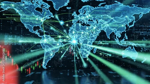 Global financial market analysis with digital map and real-time stock trading candlestick charts global finance