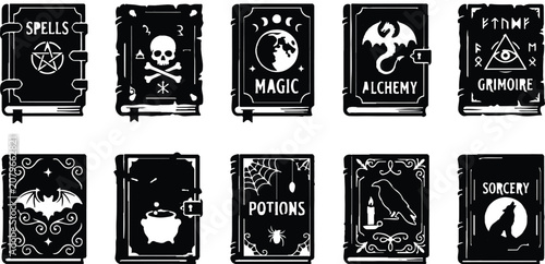 Collection of magic book covers with occult symbols