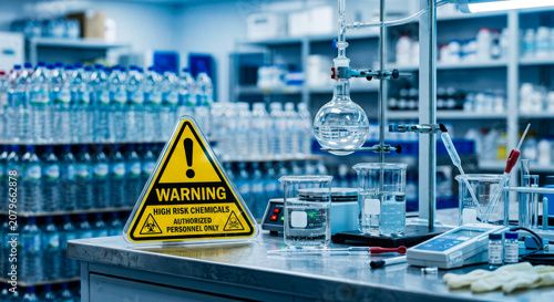 Warning sign with chemicals in laboratory for water testing