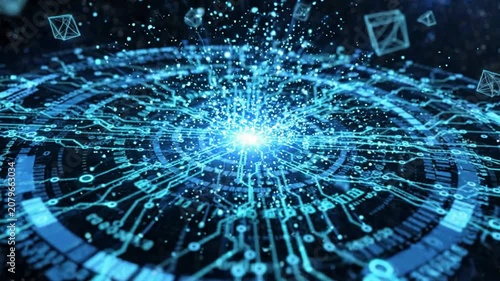 Digital circuit board hud interface with glowing data particles and cybernetic network connections for futuristic technology background