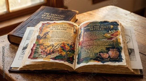 Open book with colorful illustrations on a wooden table