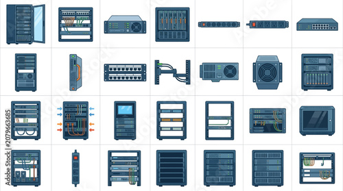 Server Rack and Network Equipment Icon Set