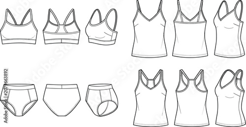 Fotografie Women Sportswear and Underwear Fashion Flat Sketch Template Set with Multi View