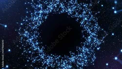 Blue digital network connection tunnel abstract background, glowing data particles and plexus lines moving in cyberspace technology motion
