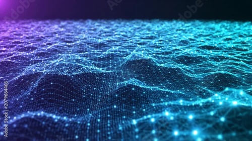 Abstract digital data wave background, glowing blue and purple network mesh, futuristic technology connectivity concept, smooth particle motion loop