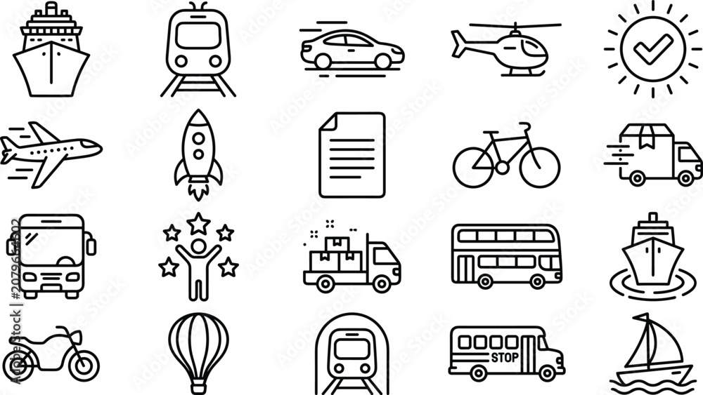 Fototapeta premium Global Travel Logistics and Commercial Freight Transportation Line Icon Set with Passenger Vehicles Delivery Trucks and Aircraft Vector