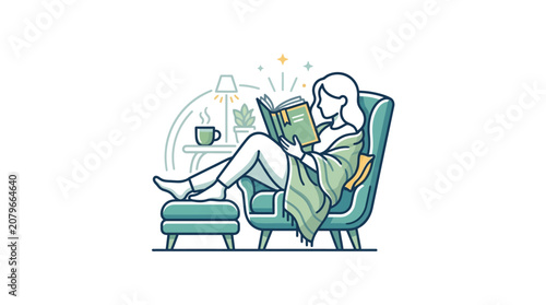 Woman Reading Book in Armchair Vector Illustration