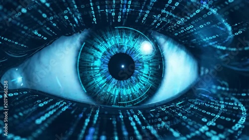Futuristic digital eye with binary code data stream, artificial intelligence concept, cyber security and advanced technology background