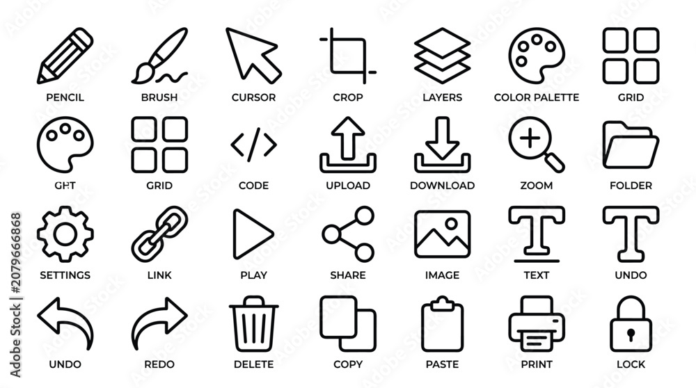 Fototapeta premium Graphic design and user interface vector icon set featuring essential tools for digital editing image manipulation content creation and file management operations.