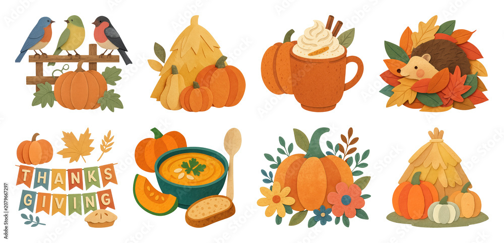 Obraz premium PNG Thanksgiving icons with pumpkins and autumn elements, transparent background