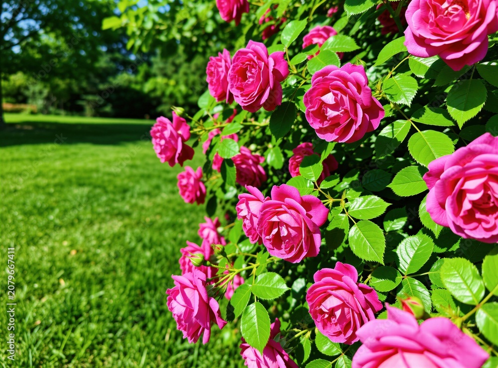 Obraz premium Pink roses bloom vibrantly on a green bush in a sunlit garden. Lush grass and trees form a blurred background, ideal for nature or floral themes. Beautiful summer nature scene.