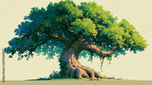 Majestic Ancient Tree with Twisted Roots and Lush Green Canopy Digital Illustration Art