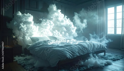 Bed with fluffy clouds under dramatic indoor lighting.