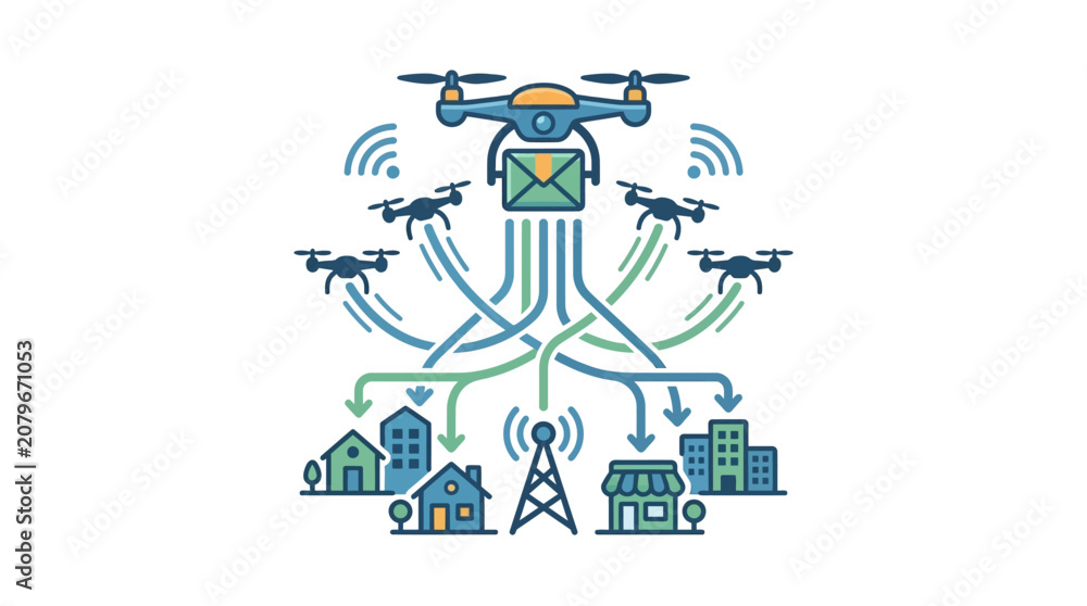 Obraz premium Drone Delivery Network Concept: Autonomous Drones Delivering Packages to Residential Homes