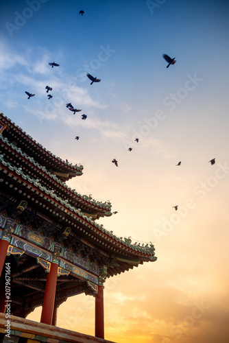 Φωτογραφία Templo tradicional chino al atardecer con aves en vuelo