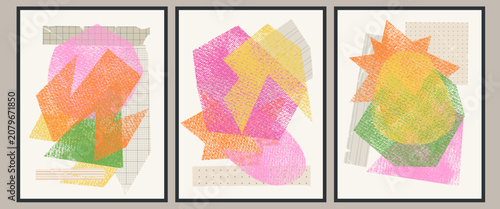 Wall art, poster composition. Frame with cut out, geometris forms. Collage design. Noisy grainy risograph texture backgrounds, speech bubbles, forms, place for text. 