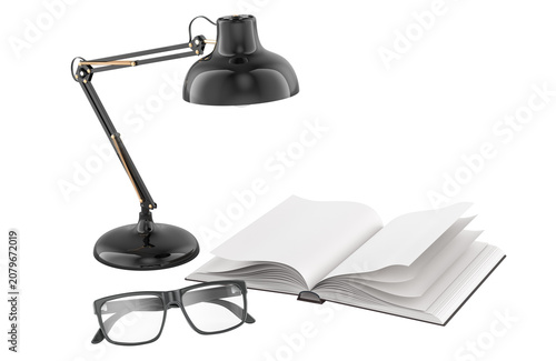 Open book with desk lamp and eyeglasses. 3D rendering