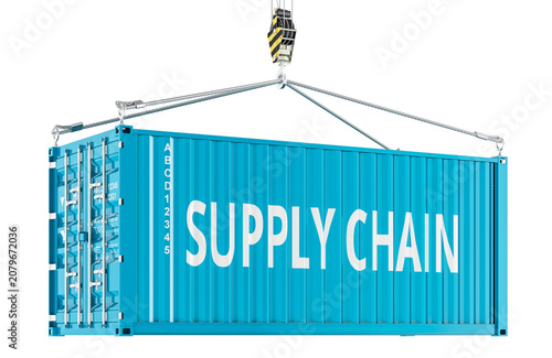 Supply Chain concept with shipping container suspended by crane hook. 3D rendering
