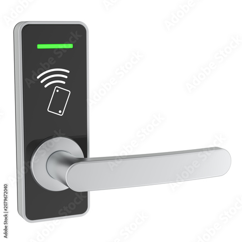 Smart electronic door lock with keyless access handle. 3D rendering