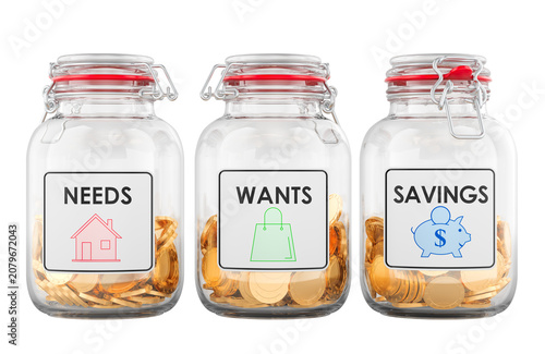 Budgeting jars for needs wants and savings money allocation. 3D rendering