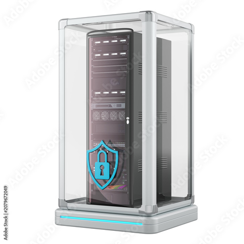 Server rack in protective cabinet with shield lock icon. Cybersecurity, data protection and secure IT infrastructure, concept. 3d rendering