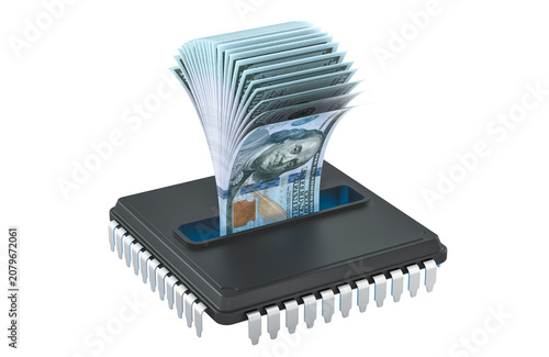 Dollar banknotes rising from computer chip symbolizing technology cost, digital revenue, semiconductor investment and computing expenses, 3d rendering