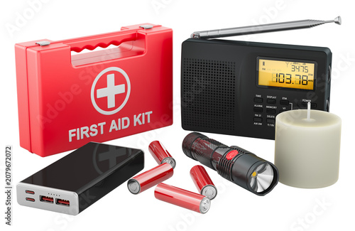 Emergency preparedness kit with first aid case, radio, flashlight, power bank, batteries and candle for blackout survival and disaster readiness, 3d rendering