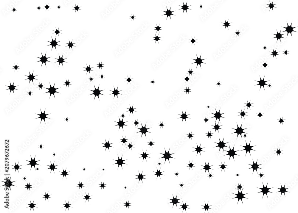 Obraz premium Minimalist black star pattern on white background, celestial night sky vector illustration, scattered twinkling stars and dots graphic element
