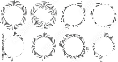 Tableau sur toile Circular sound wave collection, 8 radial audio frequency spectrum vectors, minim