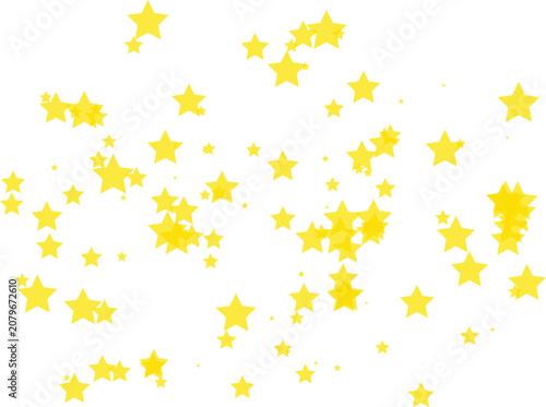 Golden yellow star confetti vector, scattered sparkling stars on white background, festive celestial pattern for celebration and party design