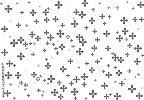 Minimalist floral pattern background, scattered grey flower petal icons on white, simple geometric blossom vector illustration for web design
