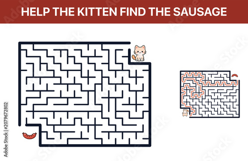 Canvastavla Cute maze illustration featuring a playful kitten searching for a sausage, representing the concept of labyrinths for kids