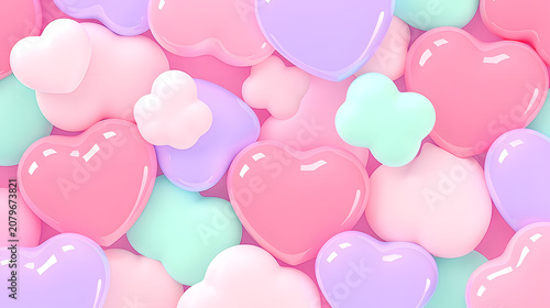 艶やかな光沢のあるピンクやパープルの3Dハートとぷっくりとした雲のような図形が敷き詰められた、可愛いポップな抽象横型背景素材