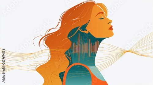 Illustration shows sound wave vibrations coming from the throat area and resonating through the chest with a warm color palette.