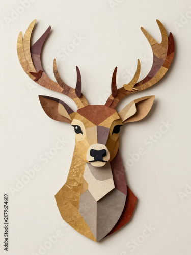 Geometric deer head, paper art, brown tones, decorative wall art, animal sculpture
