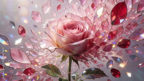 Shattered Rose - Dreamy pink rose surrounded by floating crystal shards
