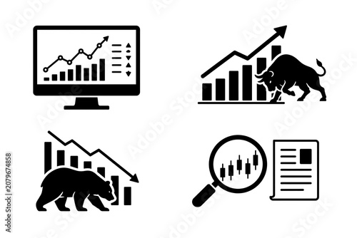 Stock market and financial trading icon set featuring bull market growth, bear market decline, computer analytics, and financial report.