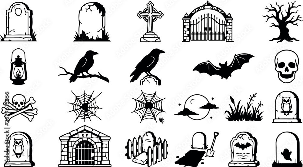 Fototapeta premium Halloween themed black and white clipart set including tombstones spooky creatures and eerie symbols for decoration or design
