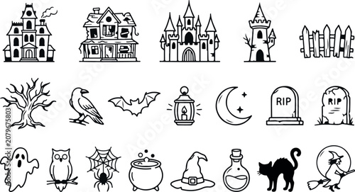 Halloween line art collection spooky vector icons for seasonal designs and creepy october celebrations